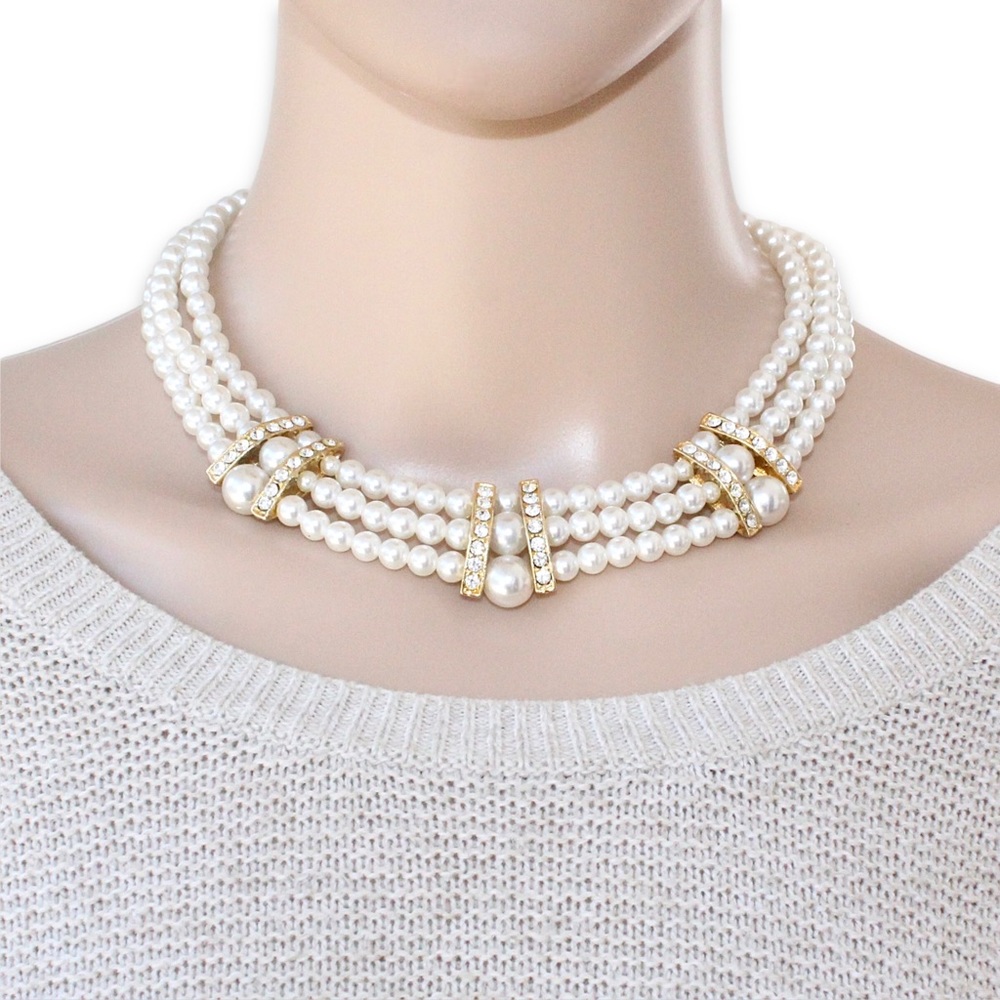 Vintage Faux Pearl Collar Necklace Wide Triple Strand Rhinestone Gold Plated